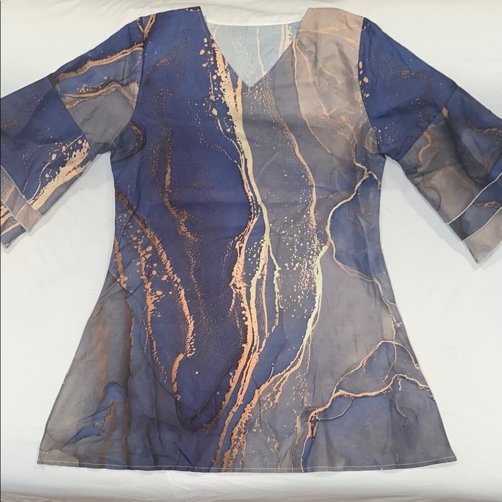 Asymmetrical Blue and Gold Tunic with 3/4 Sleeves